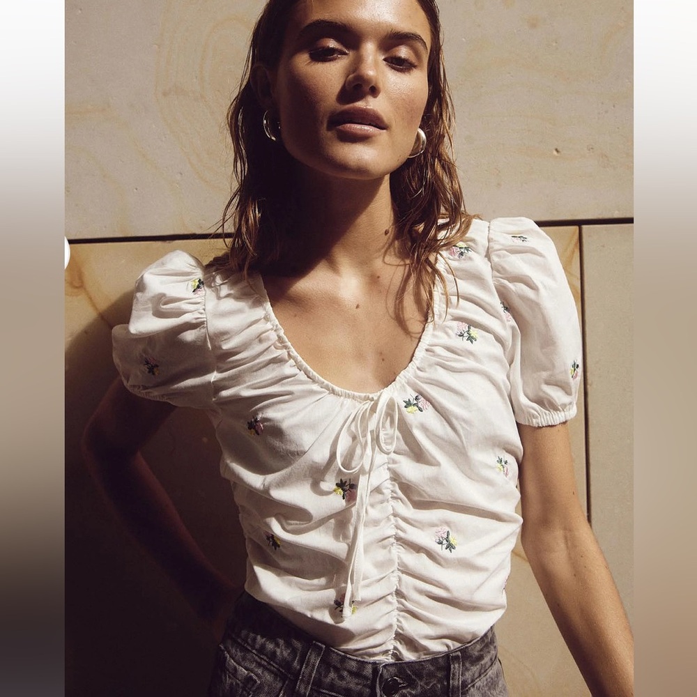 Noella Samantha Blouse top off White Floral Puff Sleeve embroidered